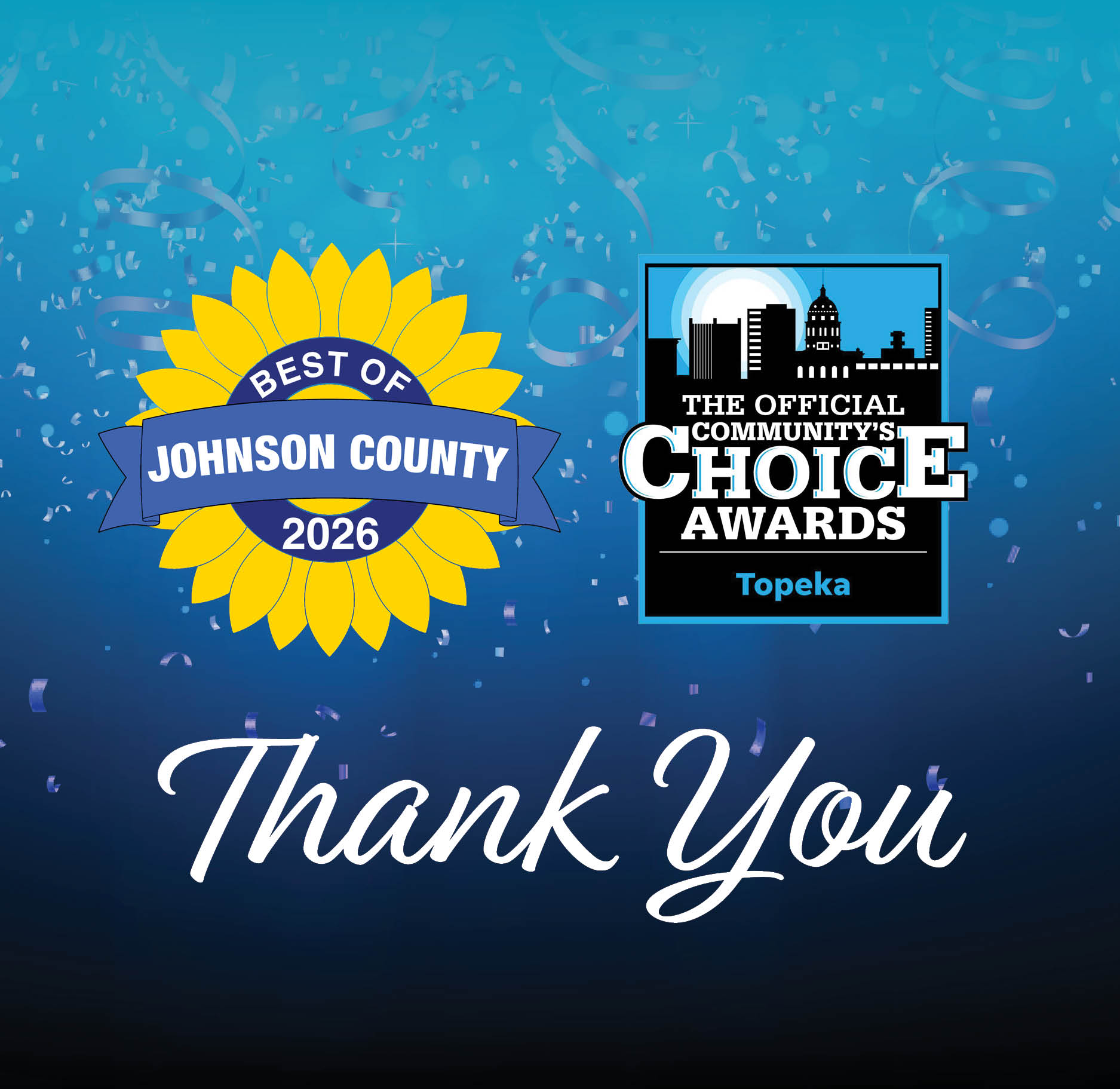 Best of Johnson County and Topeka Choice Awards logos with Thank you across the bottom
