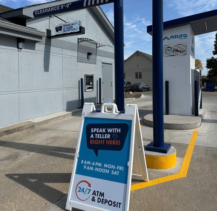 arrowhead office speak with a teller right here sign. 24/7 ATM and deposit