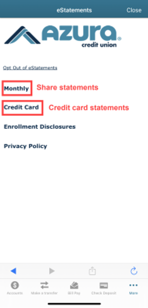 Click 'Monthly" to select share statements, or click "Credit Card" for credit card statements. 