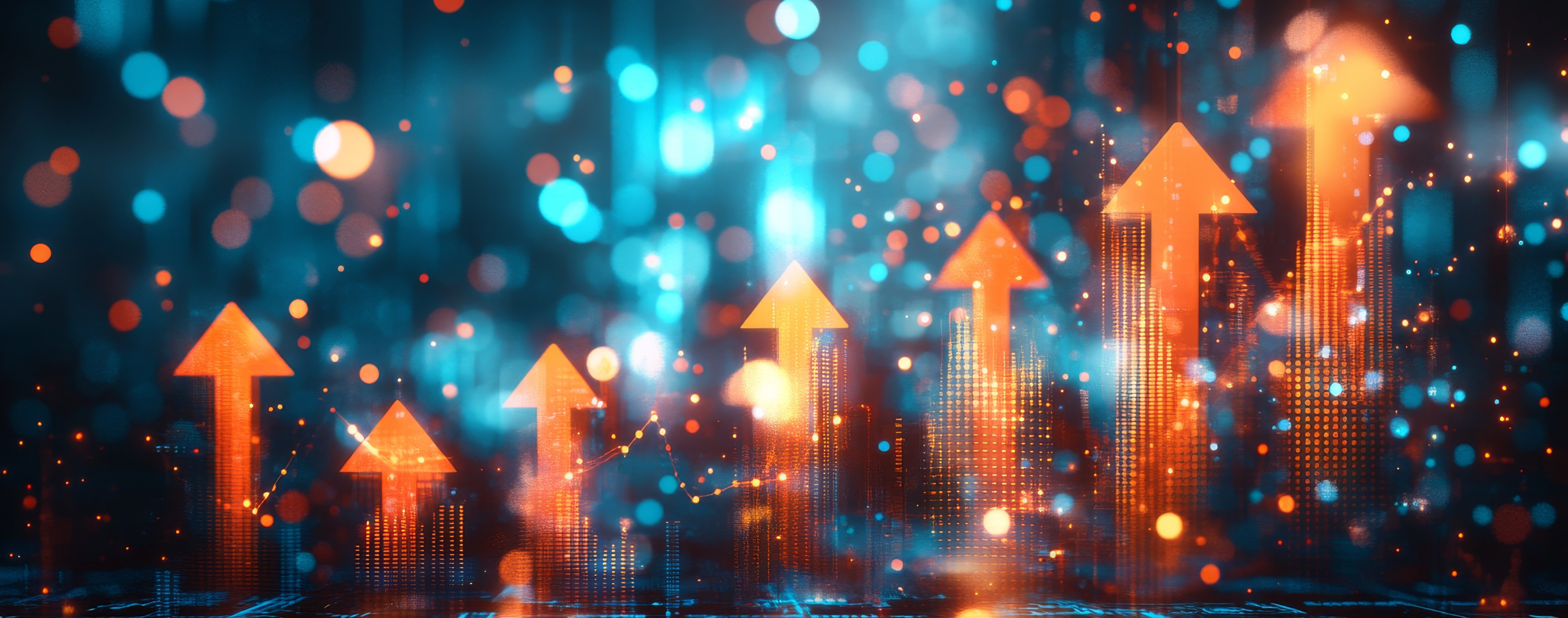 orange arrows pointing up on blue futuristic backgrond