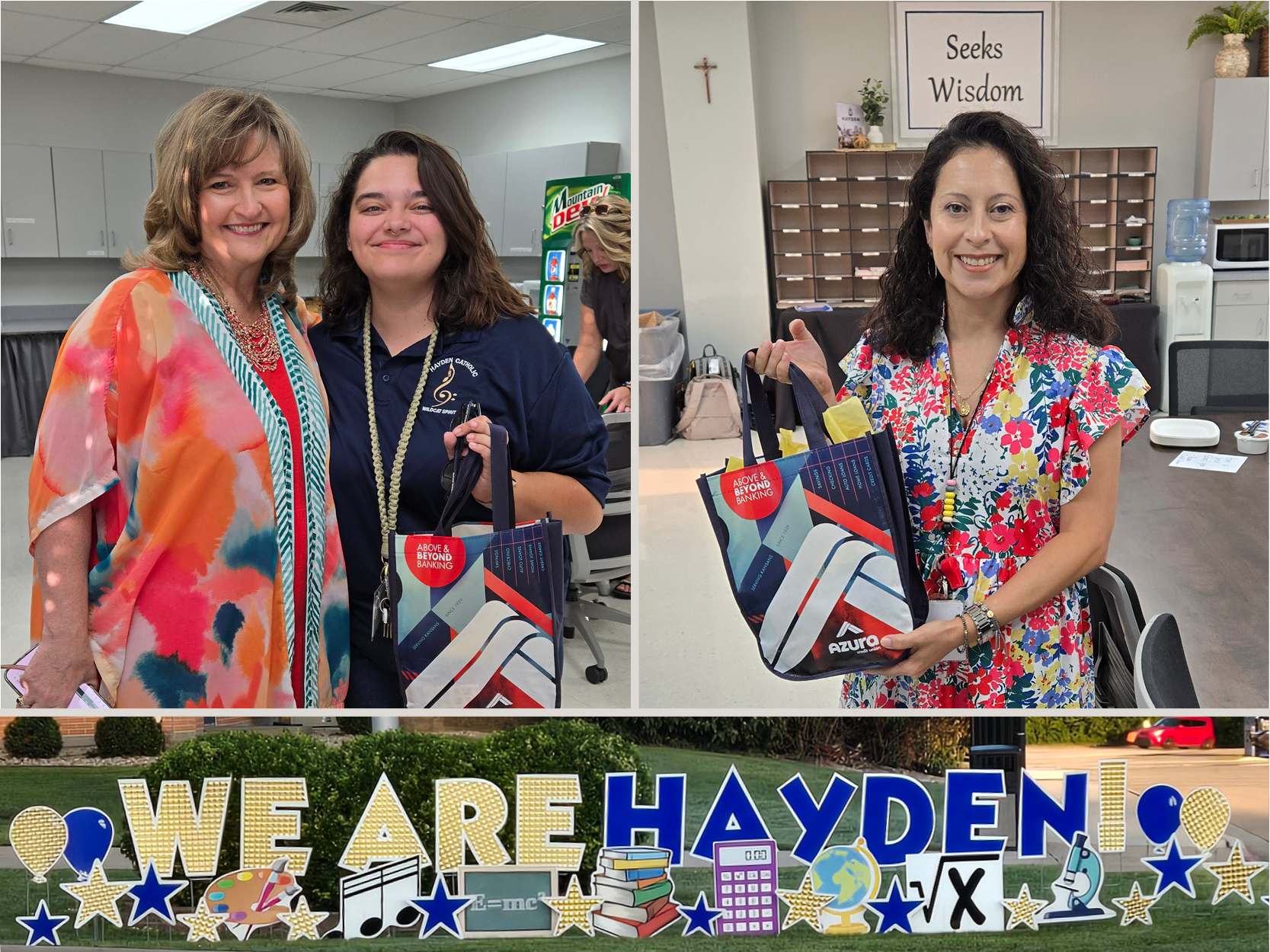 photo collage of Hayden High School teachers with Azura gift bags